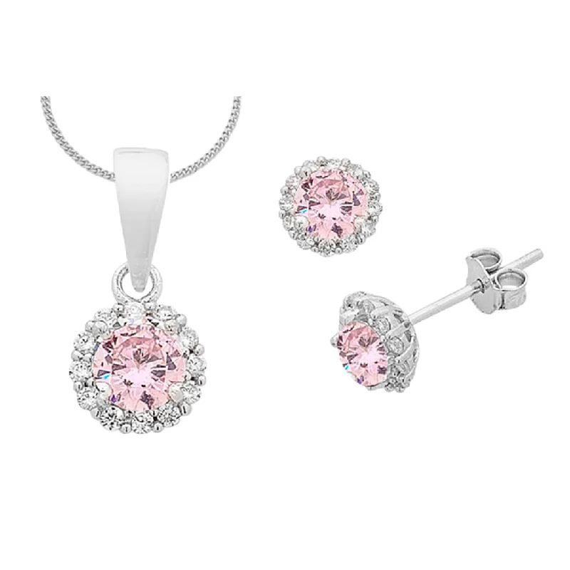 Sterling Silver Pink Curbic Zirconia Necklace and Earrings Set