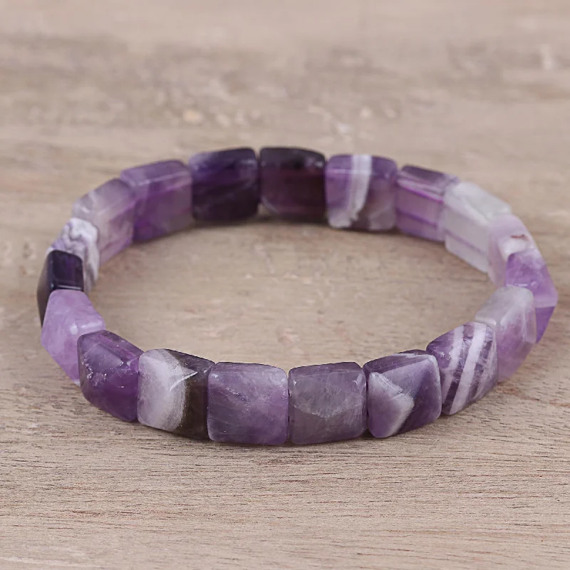 Divine Purple Handmade Purple and White Agate Beaded Stretch Bracelet