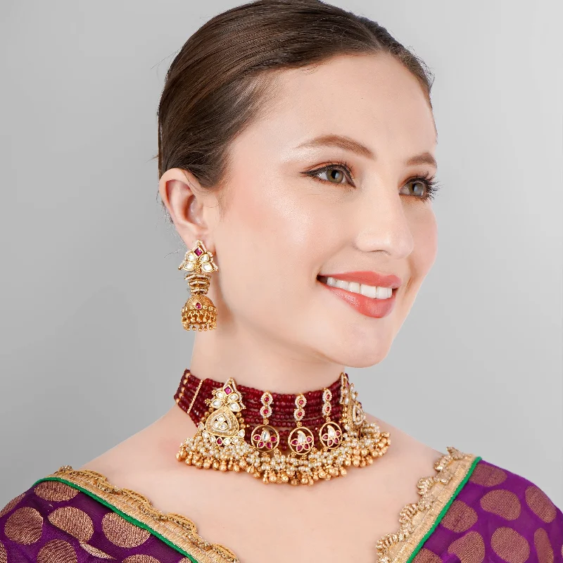 RUBY KUNDAN POLKI & PEARL SEMI PRECIOUS NECKLACE SET