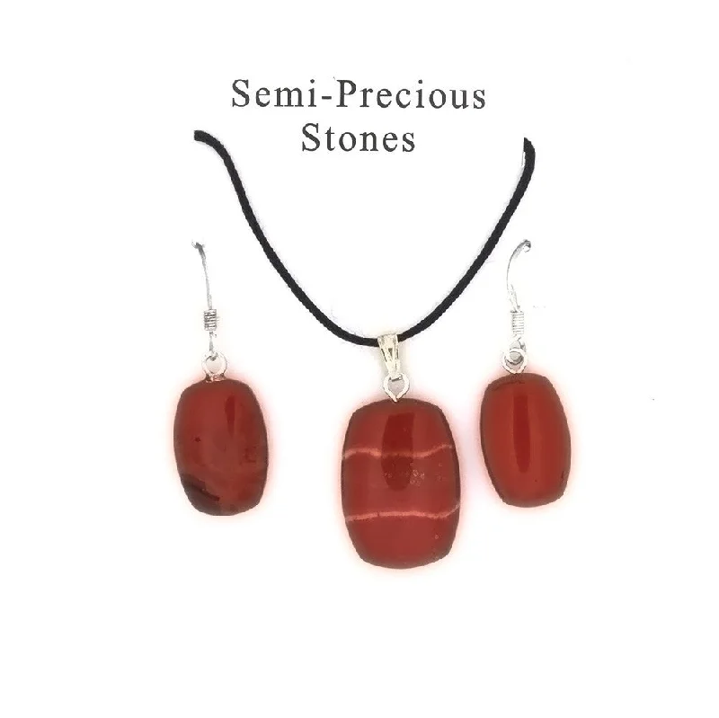 SET CORDED GEMSTONE RED JASPER RECTANGLE EARRING & NECKLACE