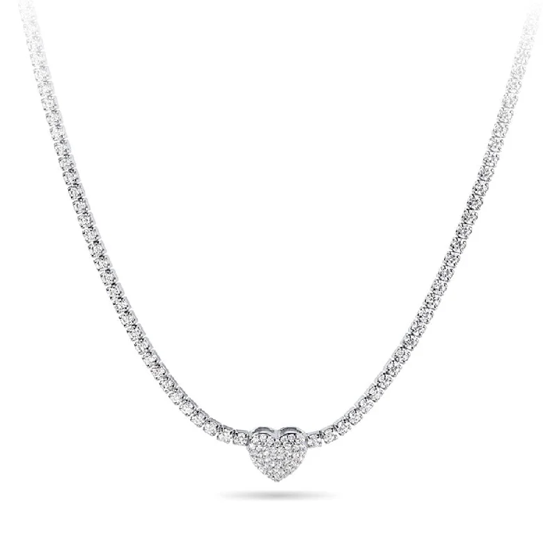 38cm Pave Heart Necklace with Cubic Zirconia in Sterling Silver