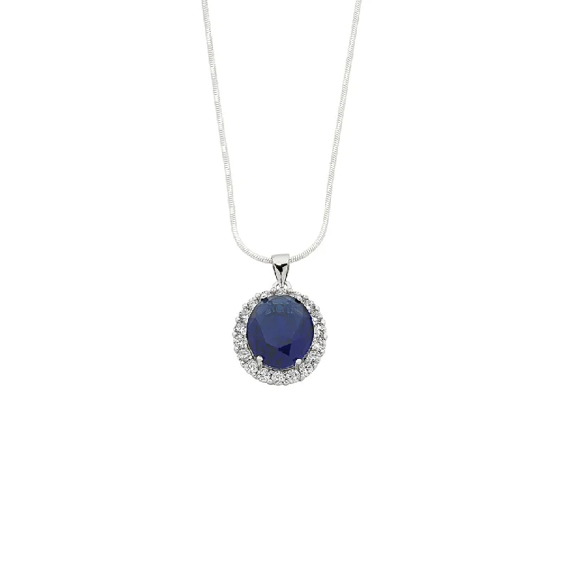 Sterling Silver Large Oval Blue and White Cubic Zirconia Necklace