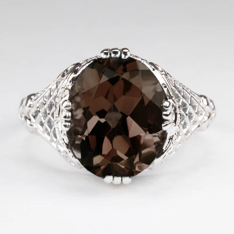 SMOKY QUARTZ STERLING SILVER VINTAGE STYLE RING ART DECO OVAL SHAPE CUT FILIGREE