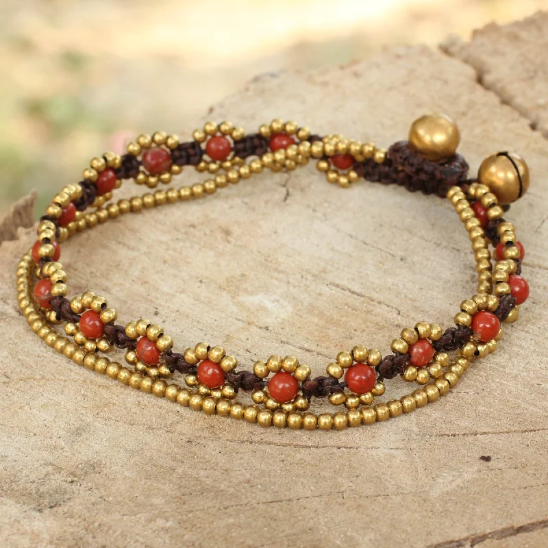 Fiery Sky Hand Knotted Beaded Bracelet with Jasper and Brass Bells