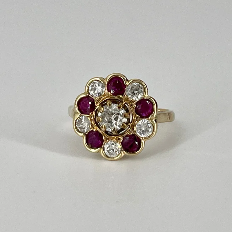 Diamond and Ruby Art Deco Floral Cocktail Ring | 1.13 ctw | SZ 4